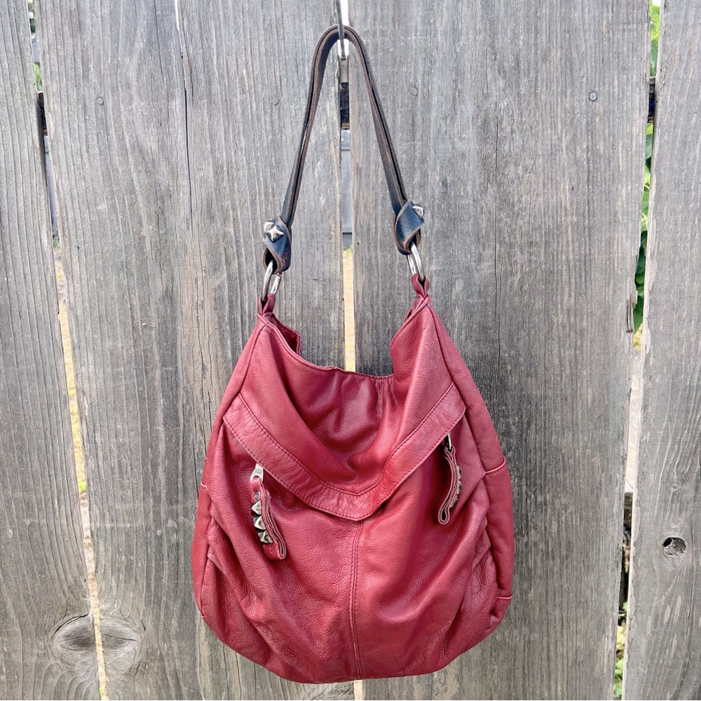Tylie Malibu Exeter Red Leather Slouchy Studded Shoulder Hobo Bag Purse.
